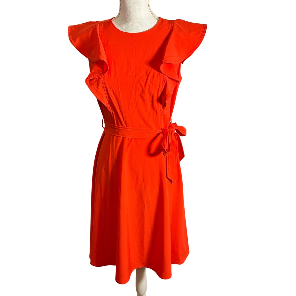 Calvin Klein Ruffle Fit Flare Dress Womens 4 Orange Belted Midi Sleeveless